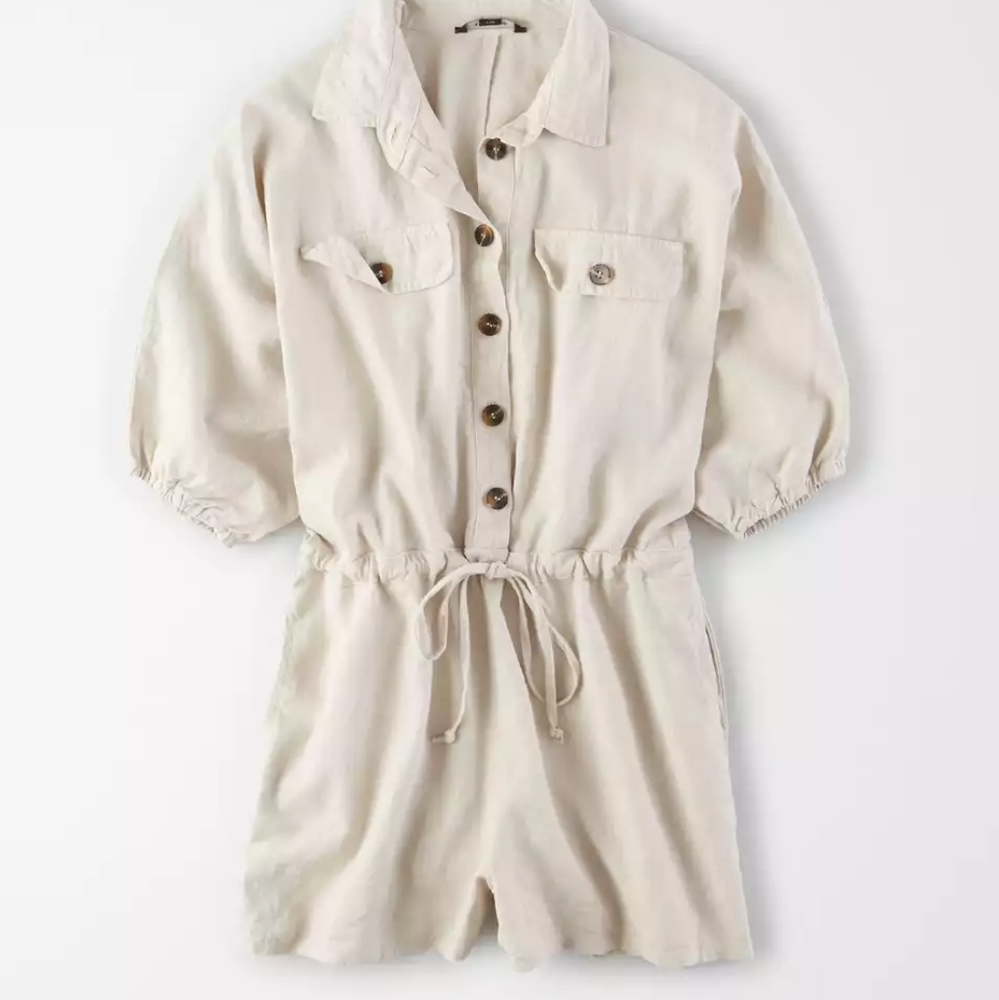 Button Front Utility Romper - M, Natural